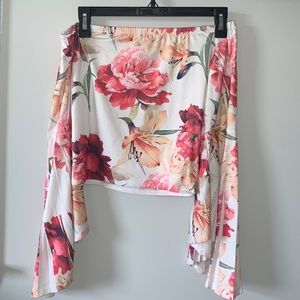 Off the Shoulder Floral Crop Top with Bell Sleeves
